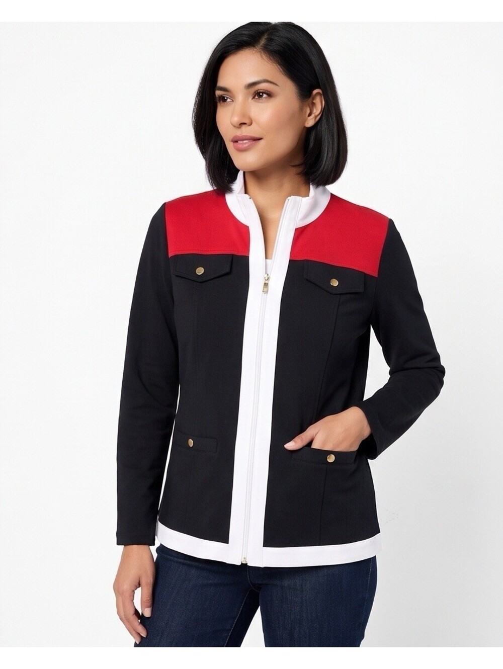 Susan Graver Weekend Jacket XL Black Red White Zip Front Stretch Cotton Blend